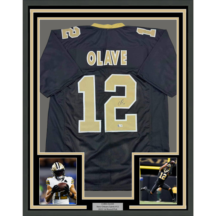 Framed Autographed/Signed Chris Olave 35x39 New Orleans Black Jersey Beckett COA