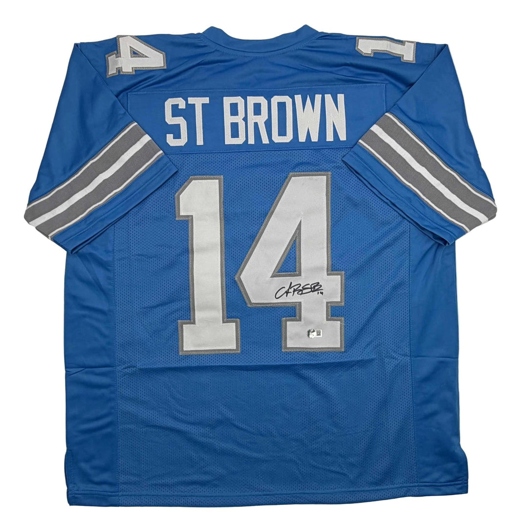 Autographed/Signed Amon-Ra St. Brown Detroit Current Blue Jersey BAS COA