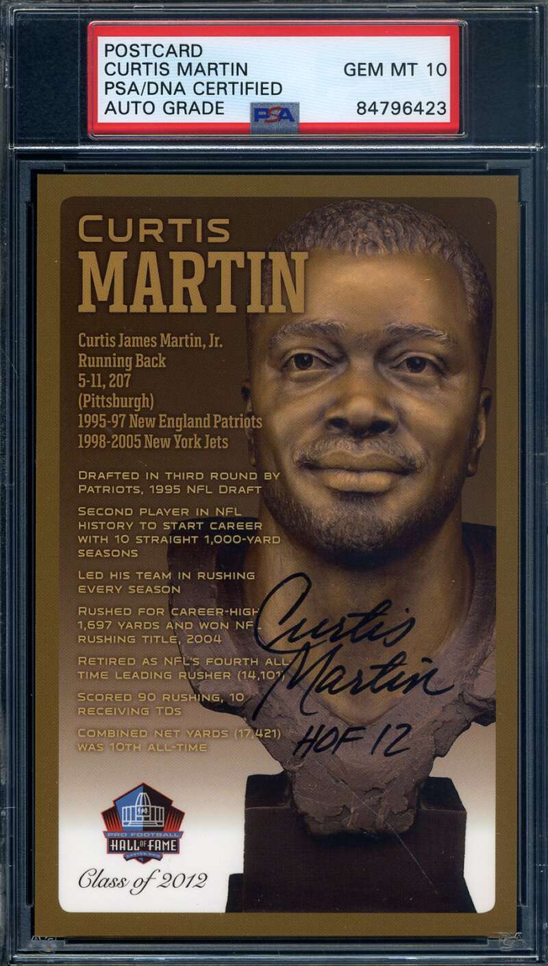 Curtis Martin Gem Mint 10 PSA DNA Signed HOF Bronze Bust Postcard Autographed