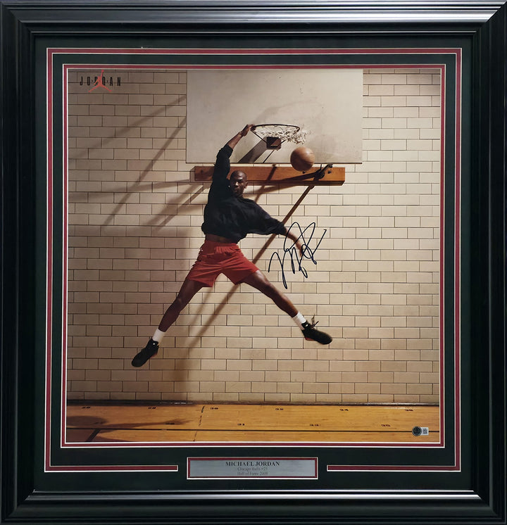 Michael Jordan Signed Framed Nike Air Dunking 24x24 Poster Photo Beckett AE16681