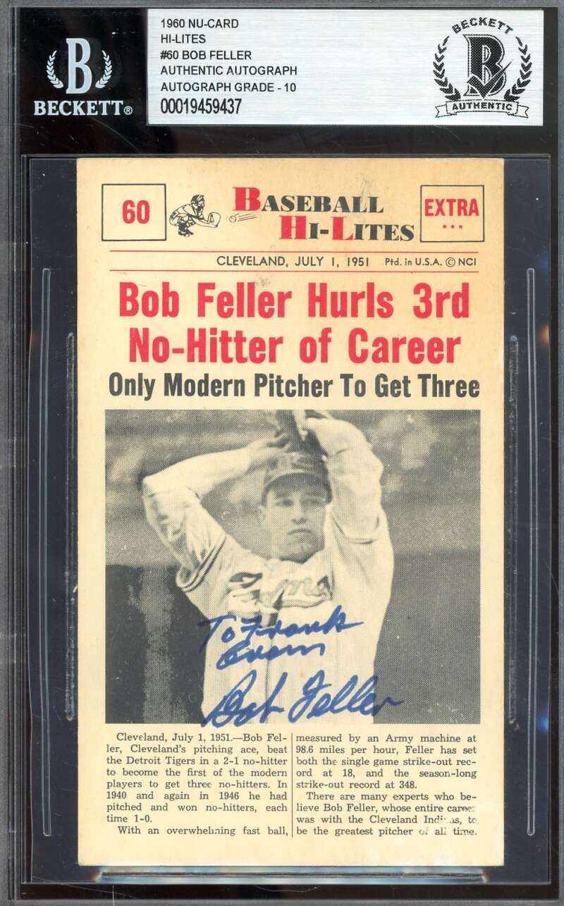 Bob Feller Gem Mint 10 Beckett BAS Signed 1960 Nu-Card Hi-Lites Autograph