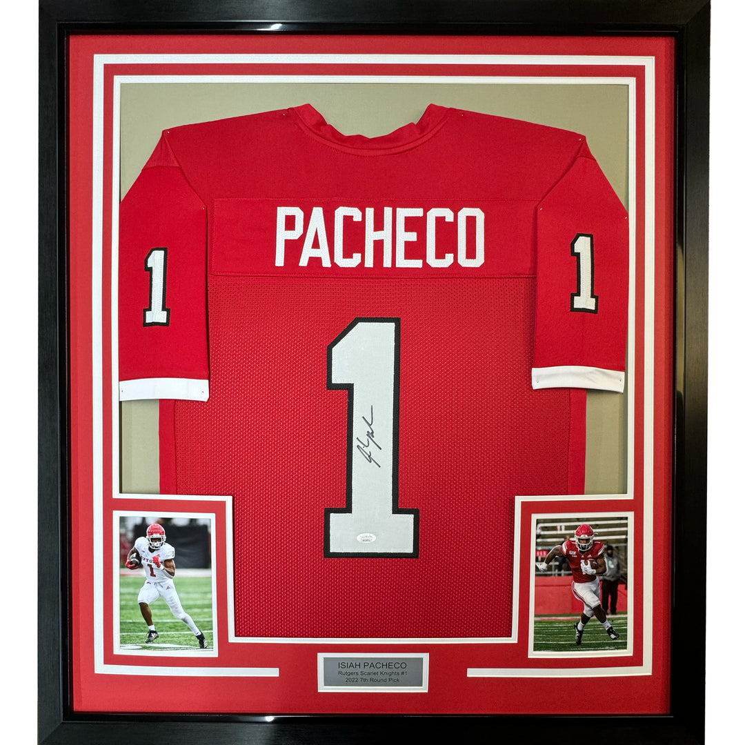 Framed Autographed/Signed Isiah Pacheco 35x39 Rutgers Red College Jersey JSA COA