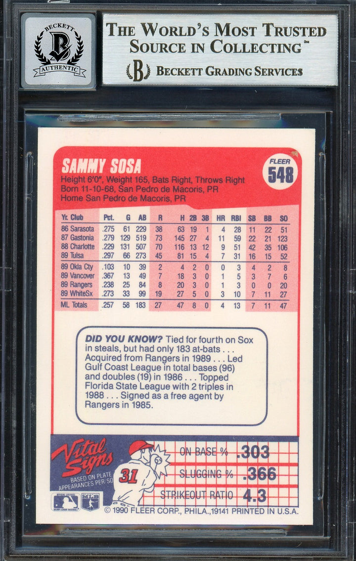 Sammy Sosa Signed 1990 Fleer RC 548 White Sox Auto GM 10 "609 HR" Beckett