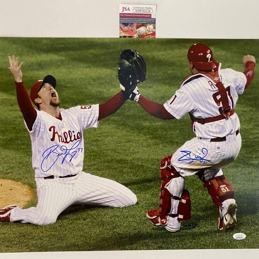 Autographed/Signed BRAD LIDGE CARLOS RUIZ 2008 WS 16x20 Photo JSA COA