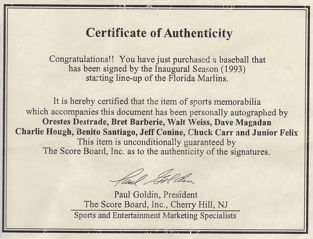 FLORIDA MARLINS TEAM SIGNED 1993 INAUGURAL LINE-UP SANTIAGO CONINE HOUGH FELIX +