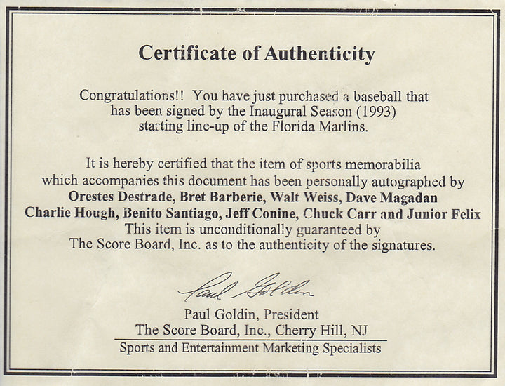 FLORIDA MARLINS TEAM SIGNED 1993 INAUGURAL LINE-UP SANTIAGO CONINE HOUGH FELIX +
