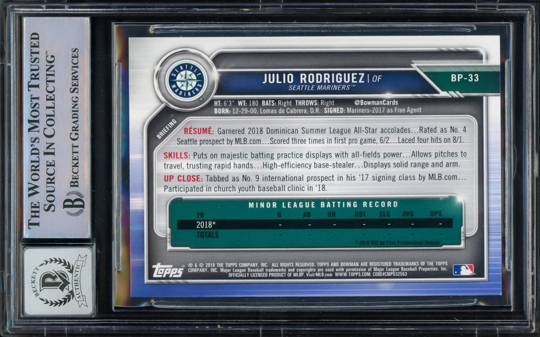 Julio Rodriguez Signed 2019 1st Bowman Prospects RC #BP-33 Mariners Auto 10