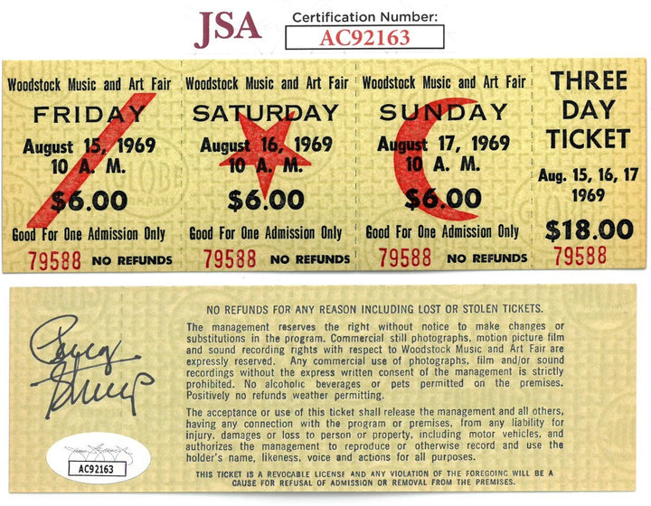 Penny Stallings Signed 1969 Woodstock Ultra Rare $18 3 Day Full Ticket RARE- JSA