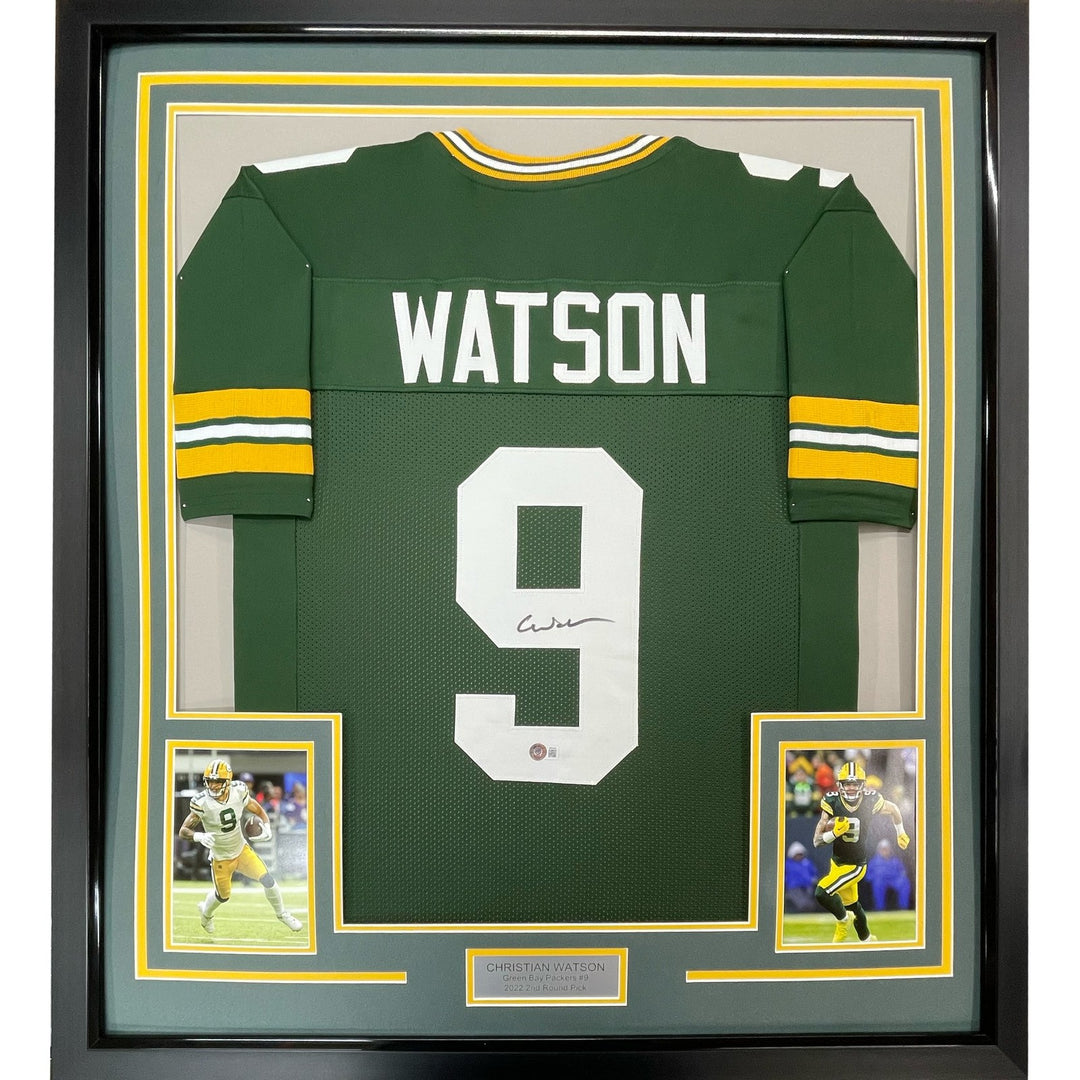 Framed Signed Christian Watson 35x39 Green Bay Green Jersey BAS COA