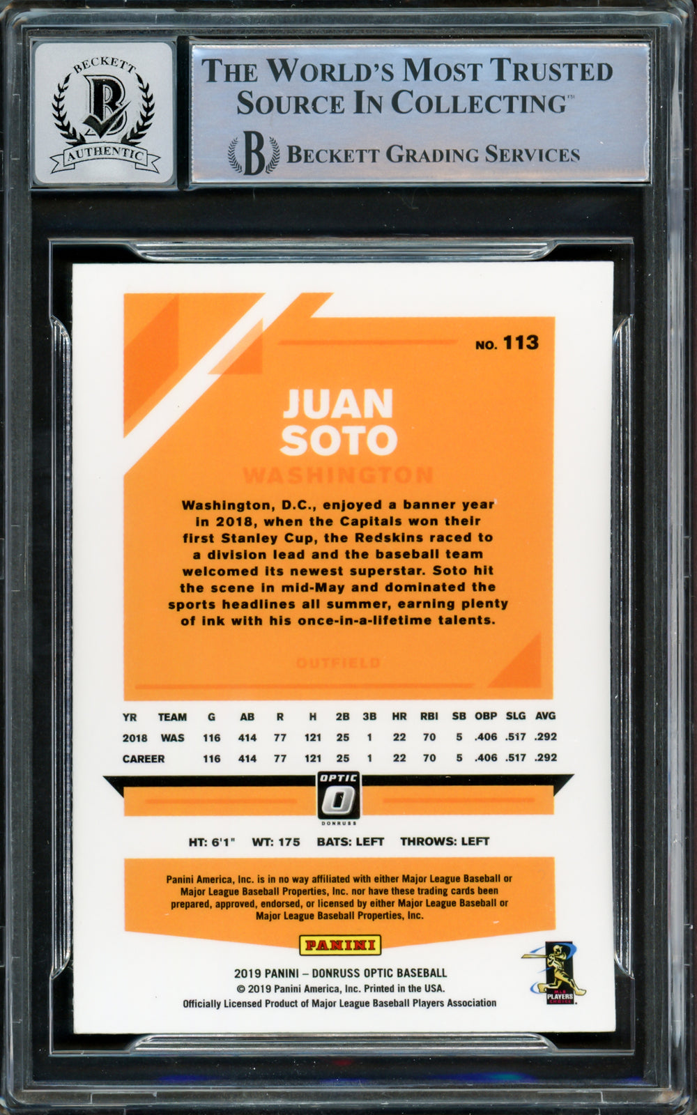 Juan Soto Autographed 2019 Donruss Optic Card Yankees Gem 10 Auto Beckett I