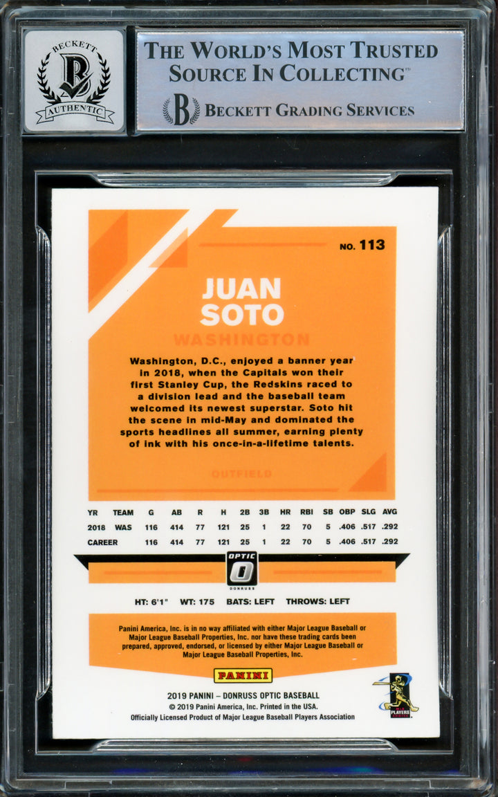 Juan Soto Autographed 2019 Donruss Optic Card Yankees Gem 10 Auto Beckett I