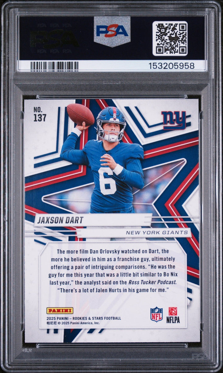 Graded 2025 Panini Rookies & Stars Jaxson Dart #137 Rookie RC Card PSA 10