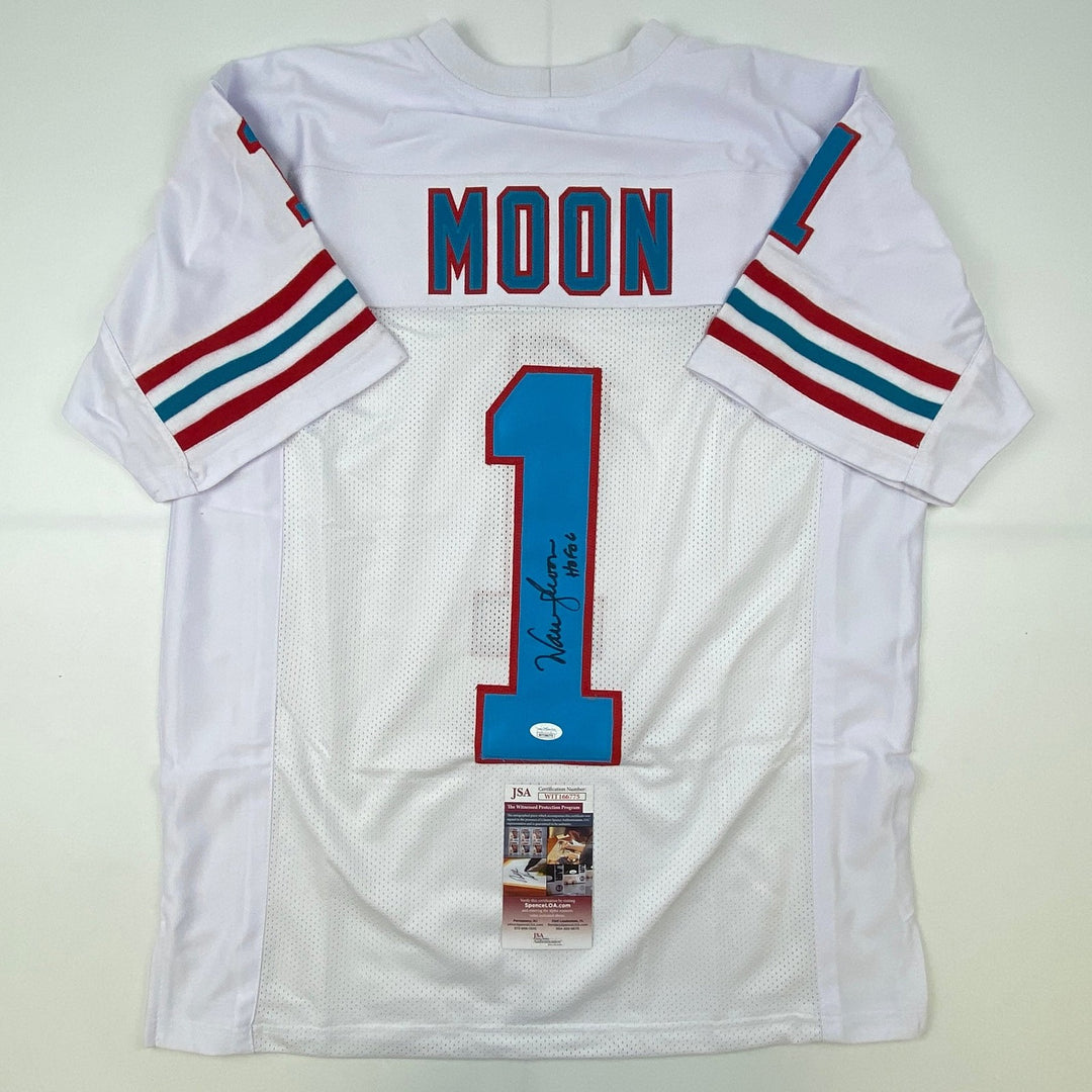 Autographed/Signed Warren Moon HOF 06 Houston White Football Jersey JSA COA