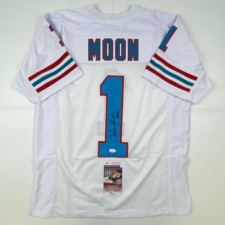 Autographed/Signed Warren Moon HOF 06 Houston White Football Jersey JSA COA