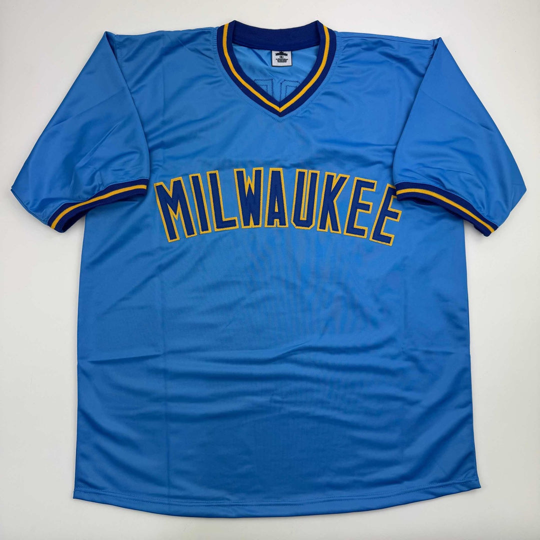Autographed/Signed Cecil Cooper Milwaukee Blue Jersey Beckett BAS COA