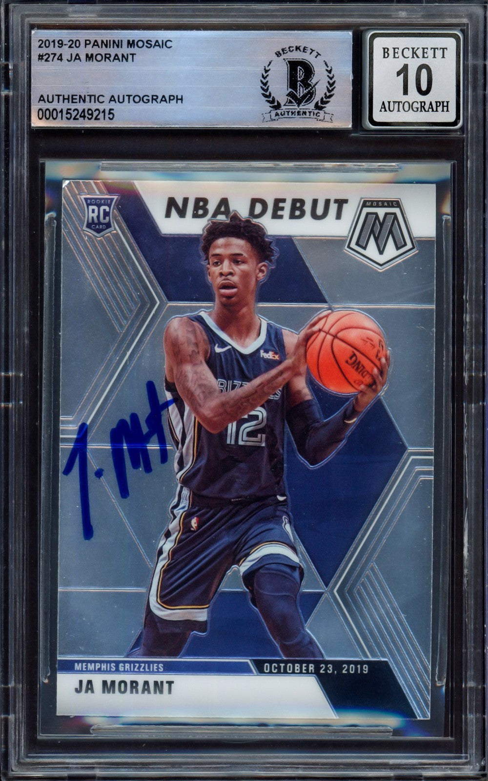 Ja Morant Auto Signed 2019-20 Panini Mosaic RC 274 Grizzlies Auto GM 10 Beckett