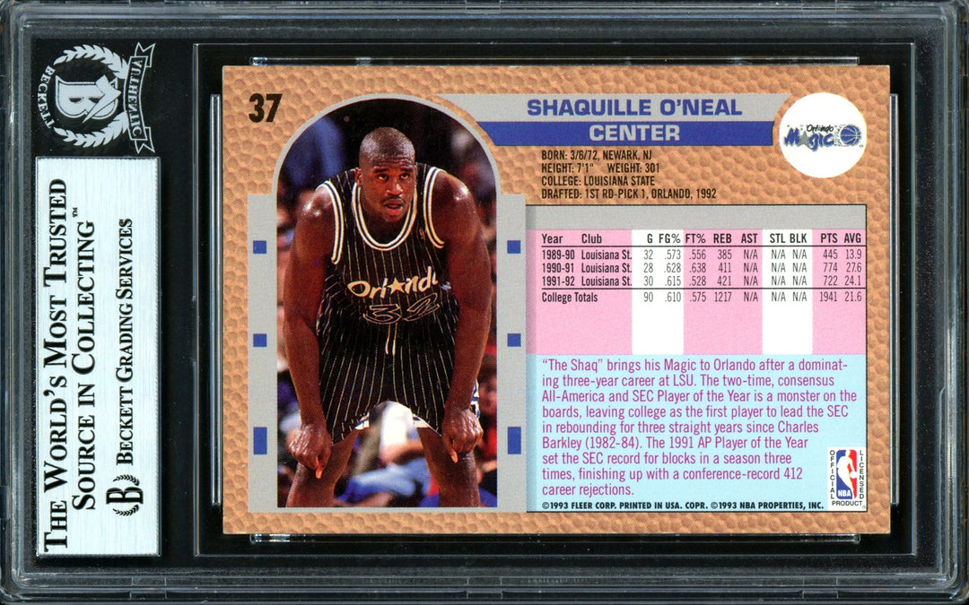Shaquille Shaq O'Neal Signed 1992-93 Fleer Drake's RC 37 Magic Beckett #13446735