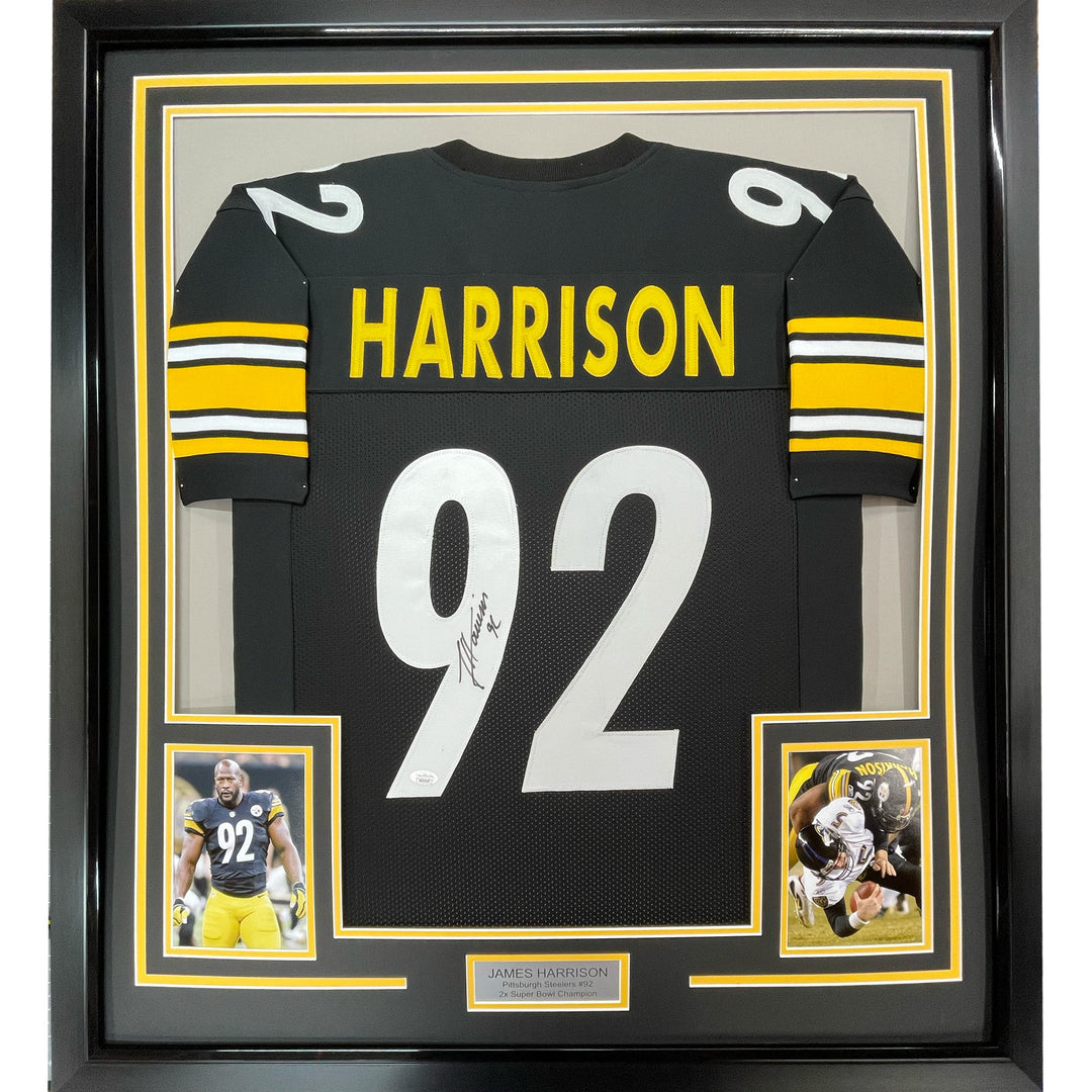 FRAMED Autographed/Signed JAMES HARRISON 33x42 Pittsburgh Black Jersey BAS COA