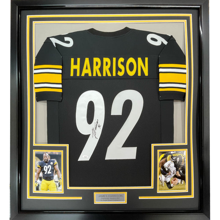 FRAMED Autographed/Signed JAMES HARRISON 33x42 Pittsburgh Black Jersey BAS COA