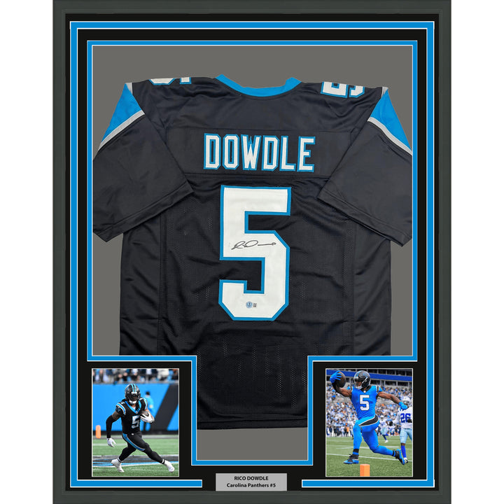 Framed Autographed Rico Dowdle 35x39 Carolina Black Football Jersey BAS COA