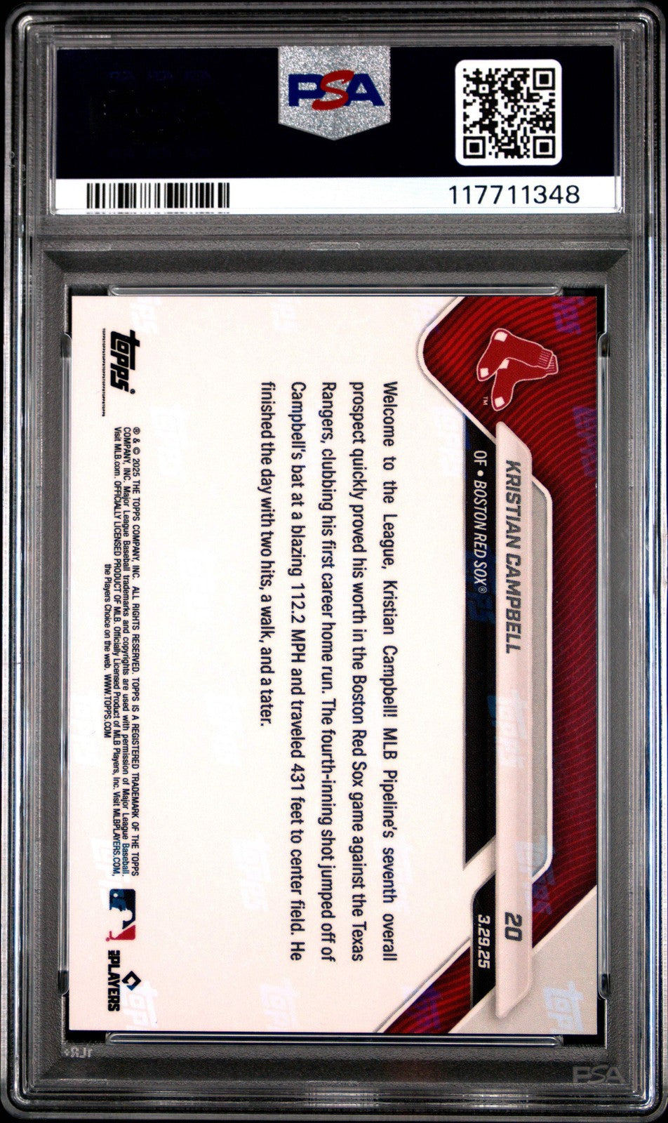 Graded 2025 Topps Now Kristian Campbell #20 Gold /50 RC Baseball Card PSA 9