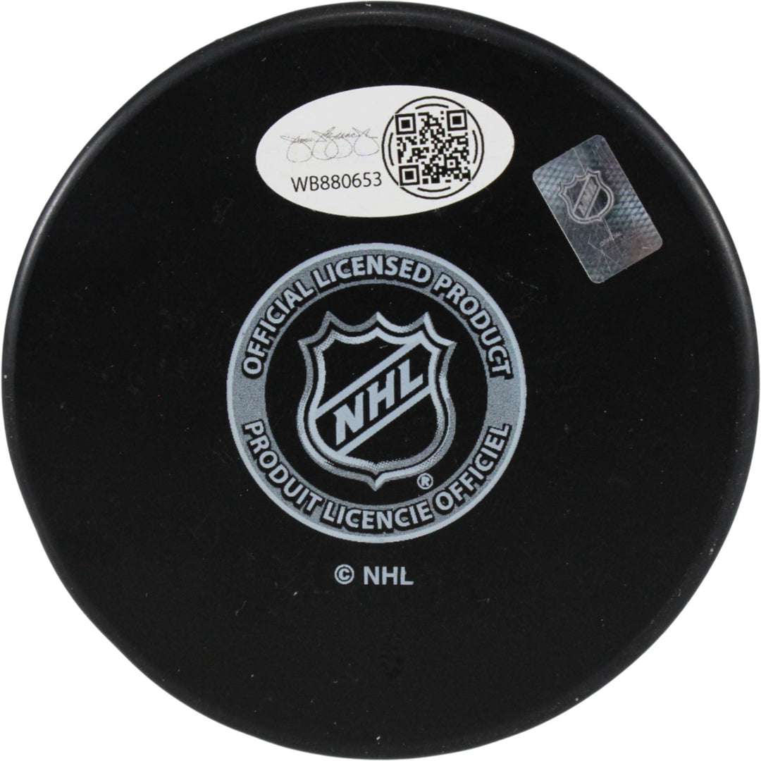 Mike Foligno Autographed Detroit Red Wings Logo Puck Foligno Leap JSA 53966