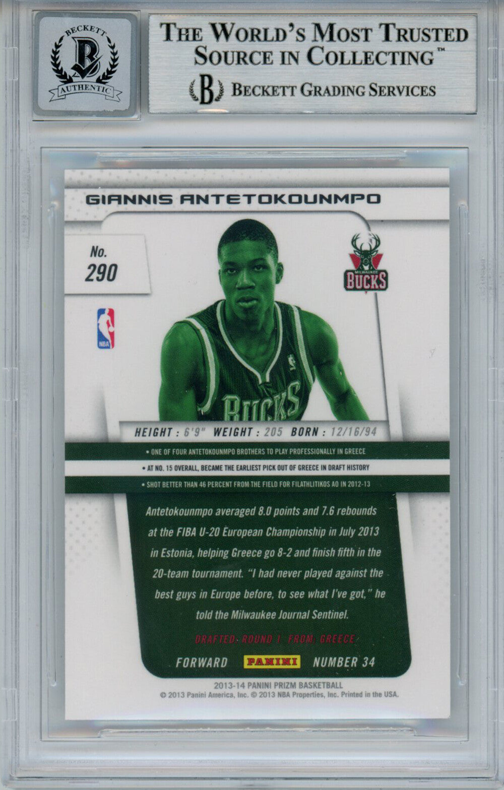 Giannis Antetokounmpo 2013 Panini Prizm #290 Rookie Card Beckett 10 Slab 36217