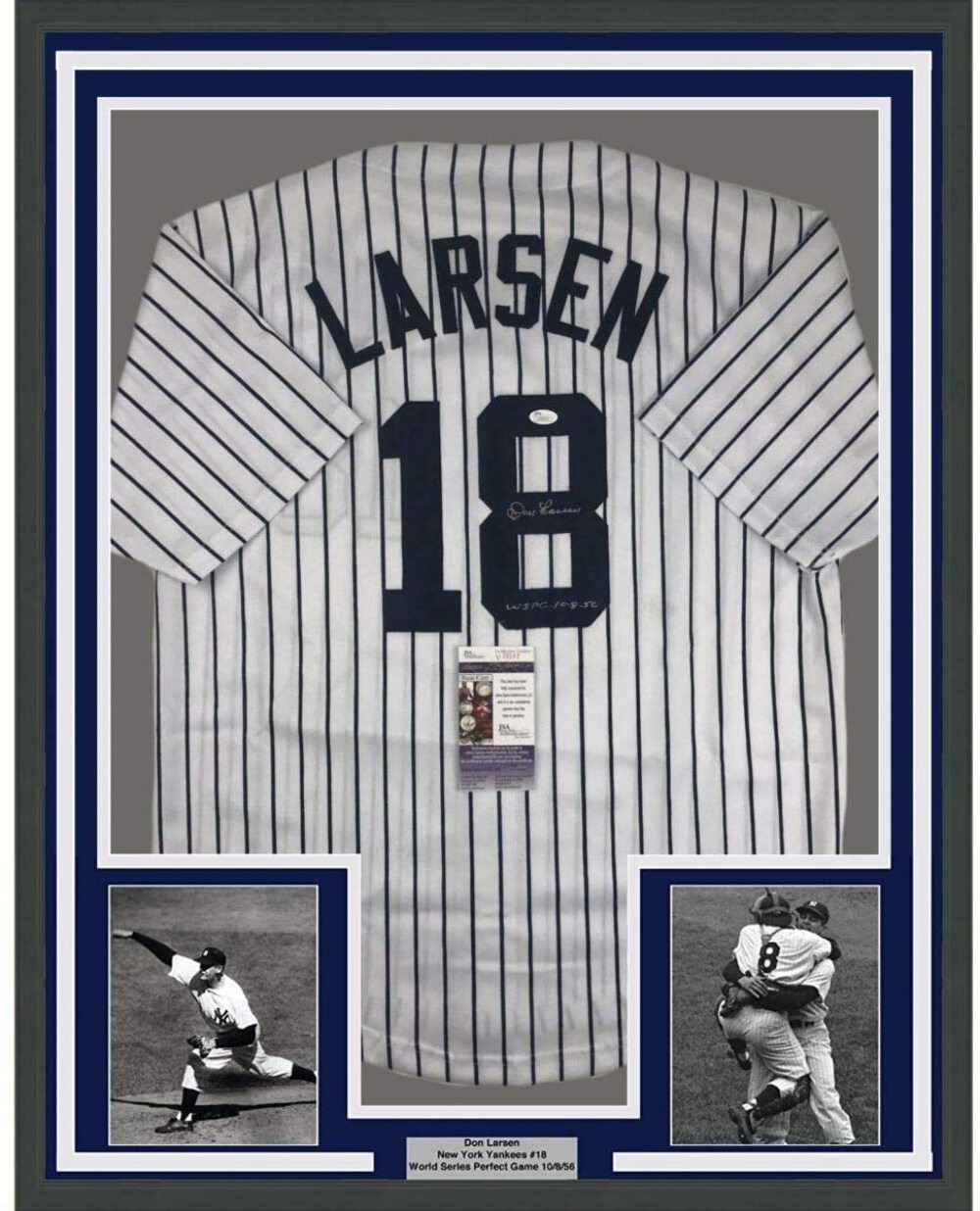FRAMED Autographed/Signed DON LARSEN 33x42 New York Pinstripe Jersey JSA COA