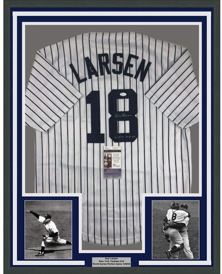 FRAMED Autographed/Signed DON LARSEN 33x42 New York Pinstripe Jersey JSA COA