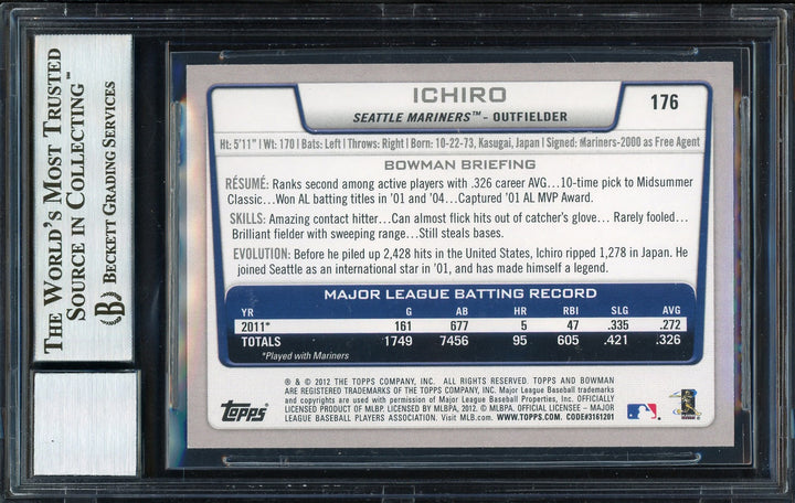 Ichiro Suzuki Signed 2012 Bowman Card 176 Mariners Auto 10 Beckett #12669904