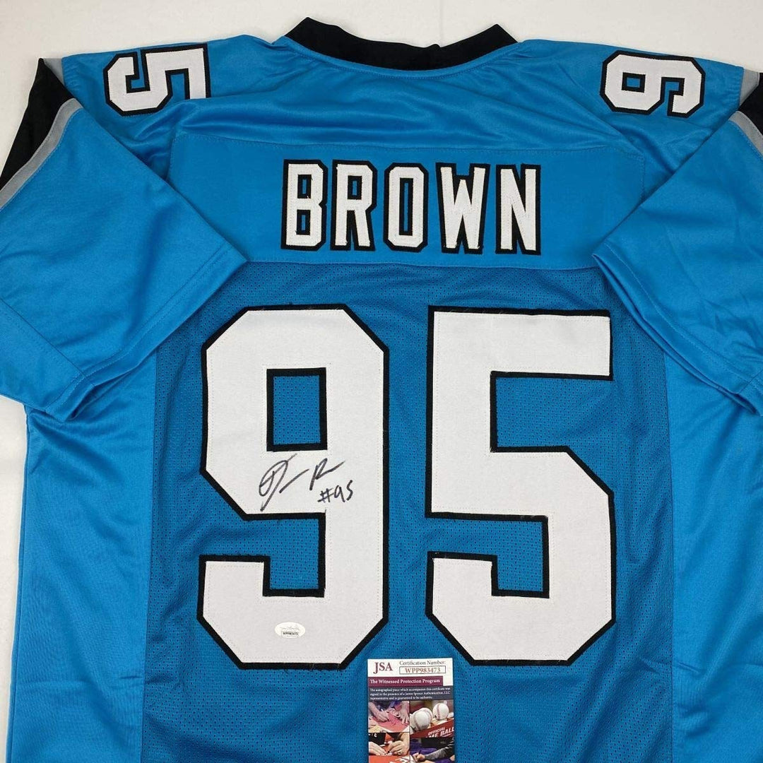 Autographed/Signed DERRICK BROWN Carolina Blue Football Jersey JSA COA Auto
