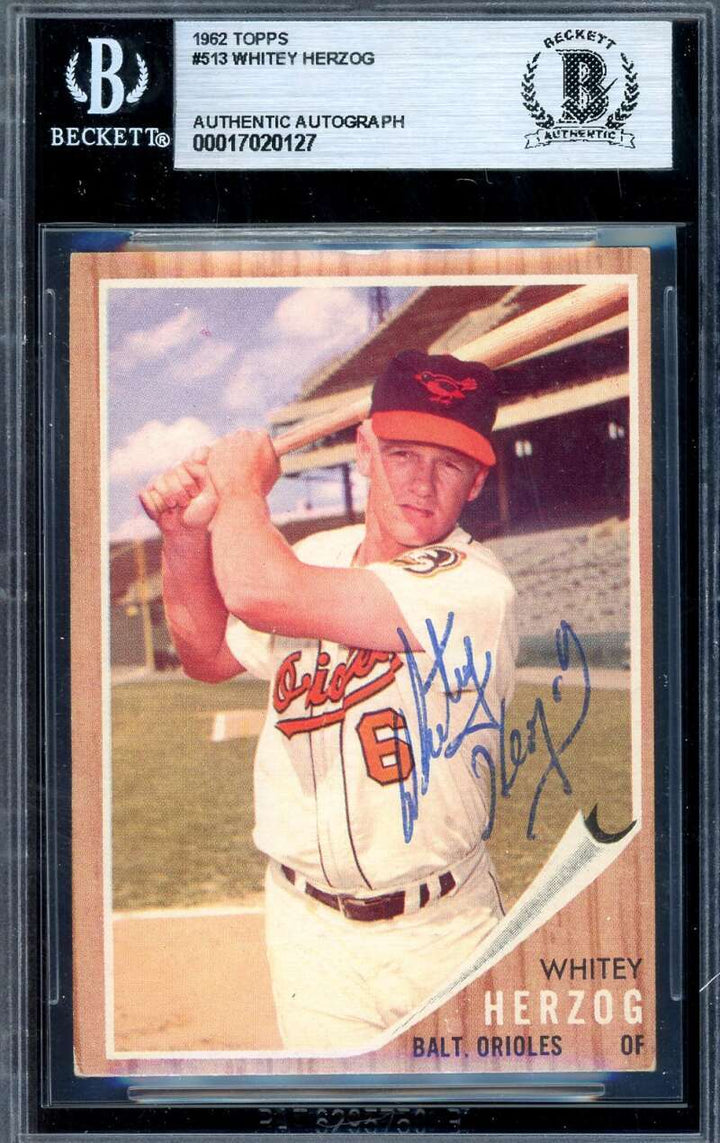 Whitey Herzog Beckett BAS Signed 1962 Topps Autograph
