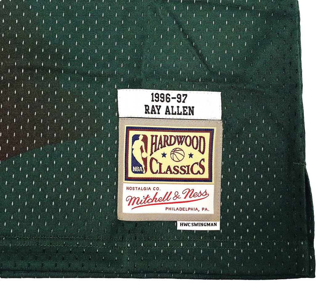 Bucks Ray Allen Auto Green Auth Mitchell Ness 96-97 Swingman Jersey L BAS