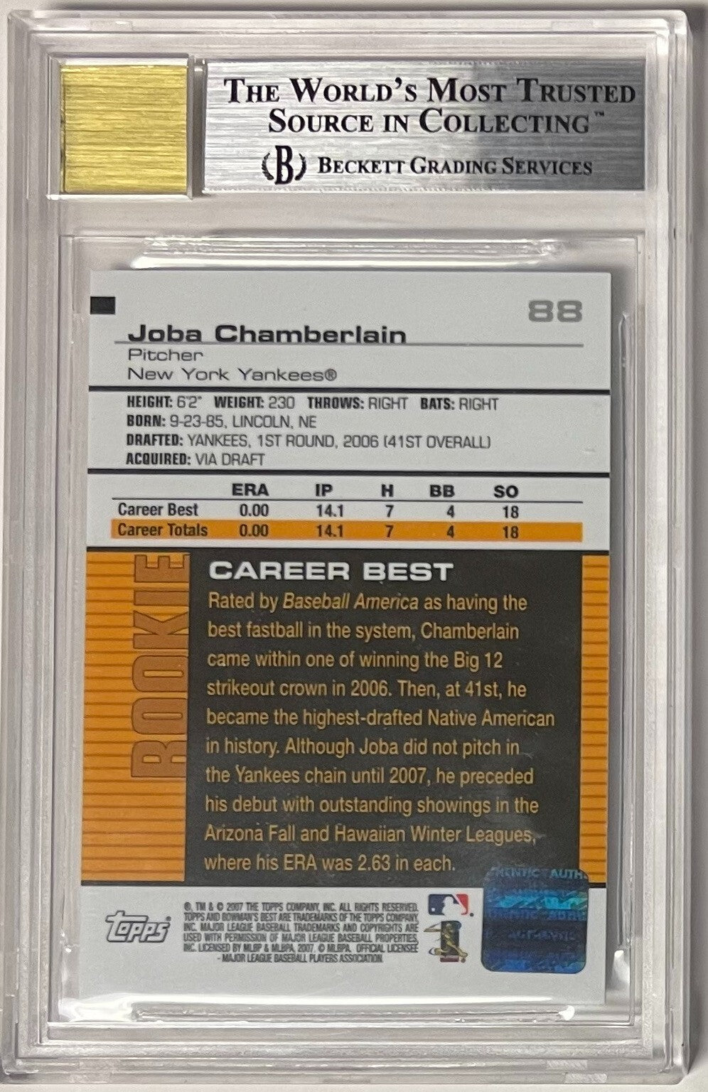 Joba Chamberlain signed 2007 Bowman's Best Rookie Auto Card- BGS Graded 9 Mint