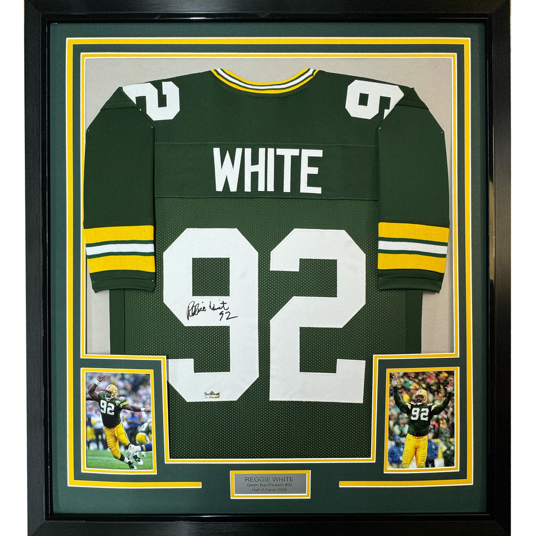 Framed Facsimile Autographed Reggie White 33x42 Green Reprint Laser Auto Jersey