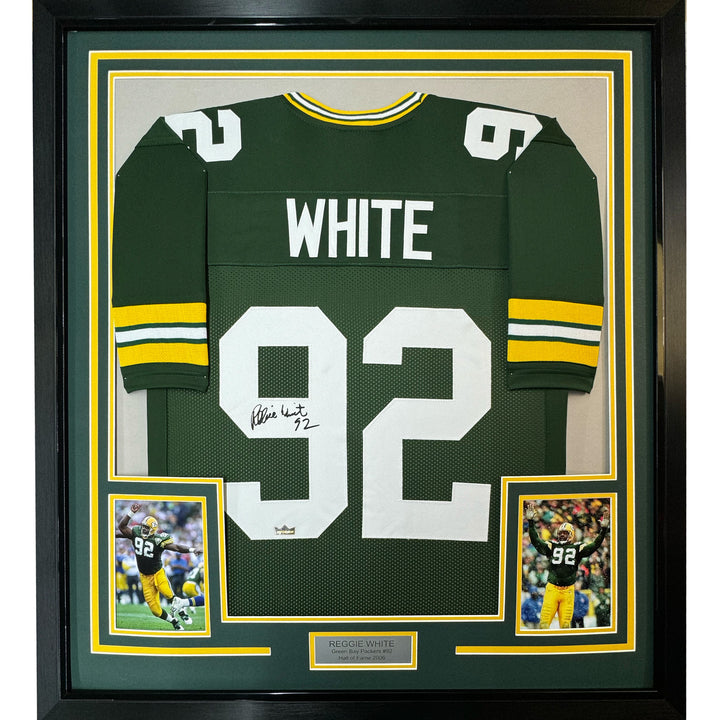 Framed Facsimile Autographed Reggie White 33x42 Green Reprint Laser Auto Jersey