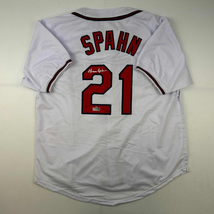 Facsimile Autographed Warren Spahn Atlanta White Reprint Jersey Size Men's XL