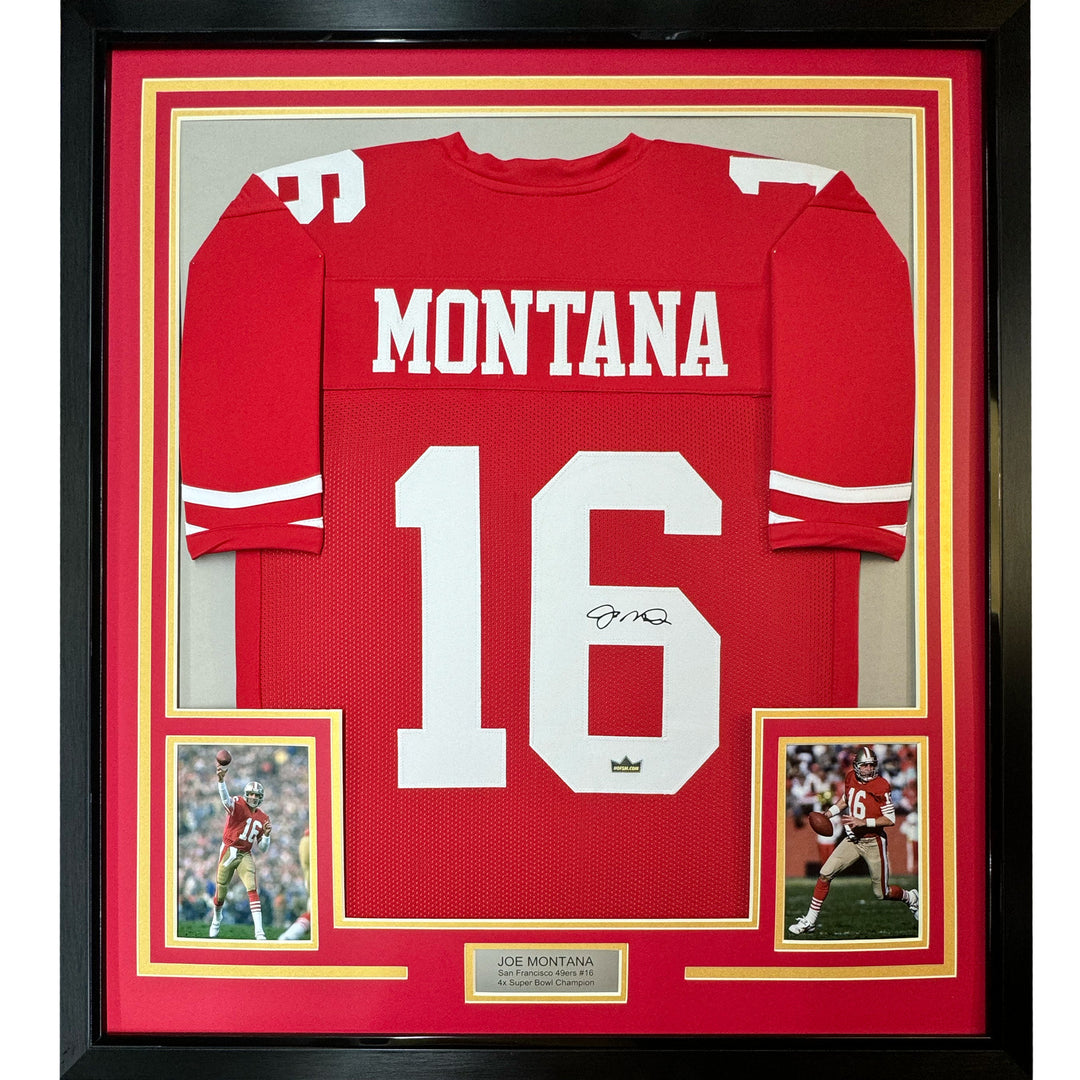 Framed Facsimile Autographed Joe Montana 33x42 49ers Red Reprint Laser Jersey