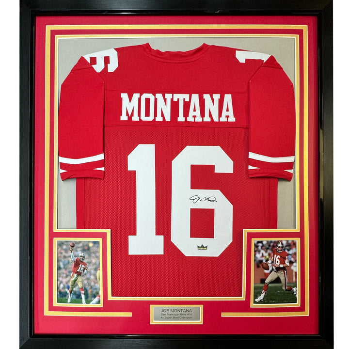 Framed Facsimile Autographed Joe Montana 33x42 49ers Red Reprint Laser Jersey