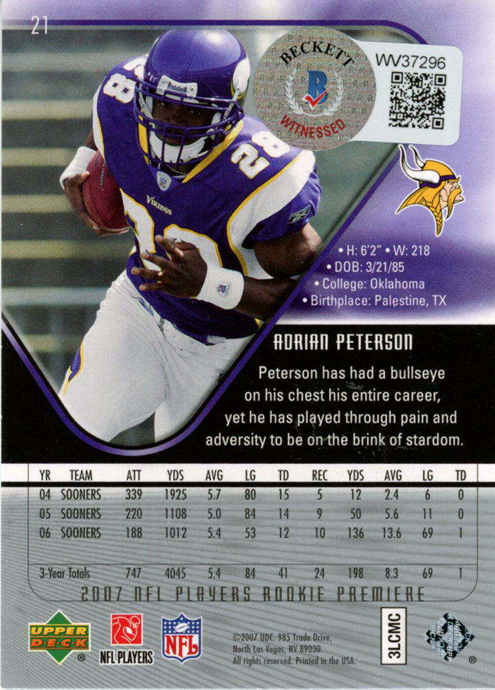 Adrian Peterson Autographed 2007 Upper Deck #21 Trading Card ROY Beckett 38574