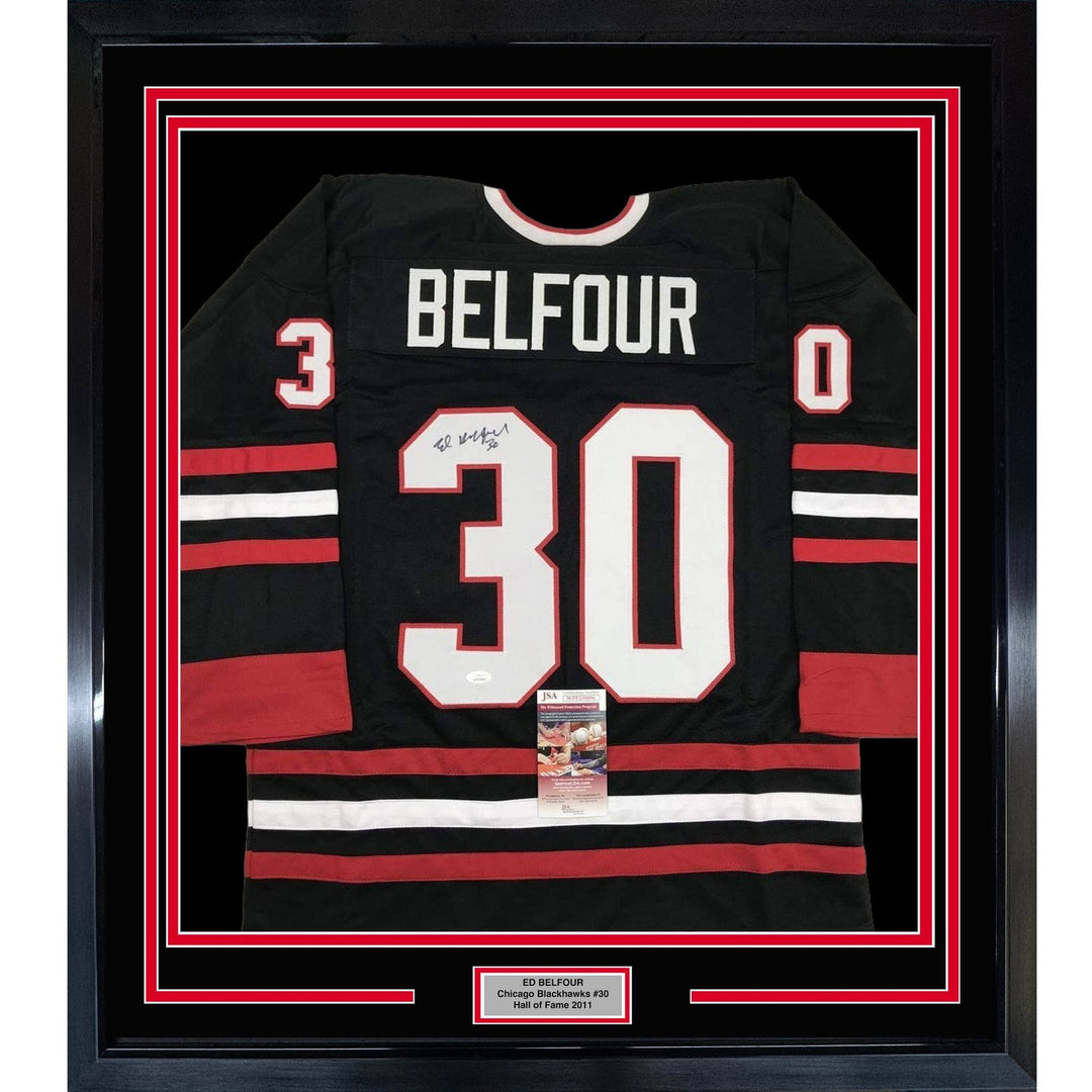 Framed Autographed/Signed Ed Belfour 35x39 Chicago Black Jersey JSA COA