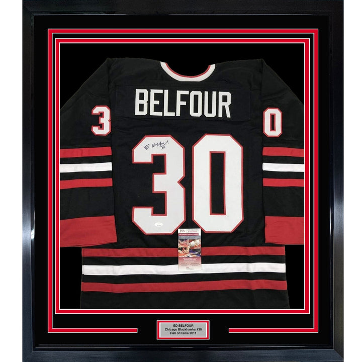 Framed Autographed/Signed Ed Belfour 35x39 Chicago Black Jersey JSA COA