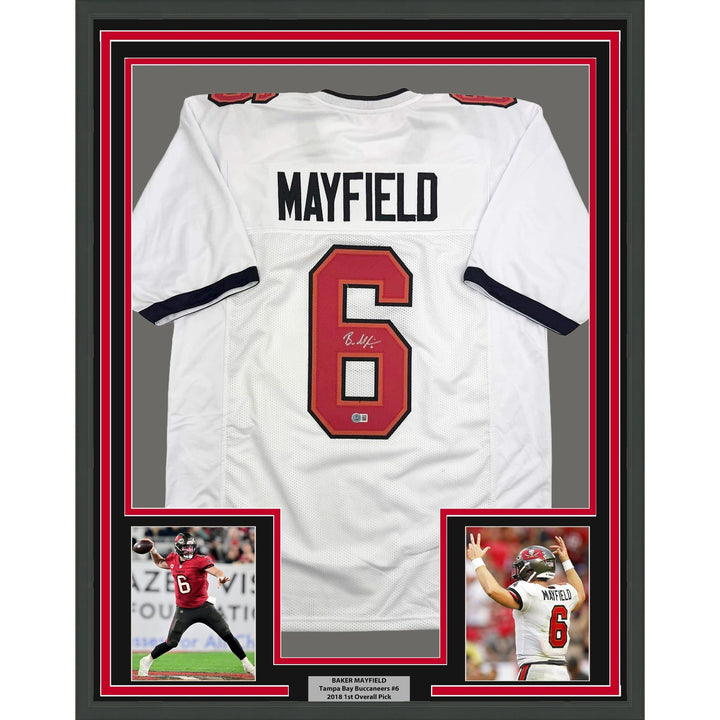 Framed Autographed/Signed Baker Mayfield 35x39 Tampa Bay White Jersey COA