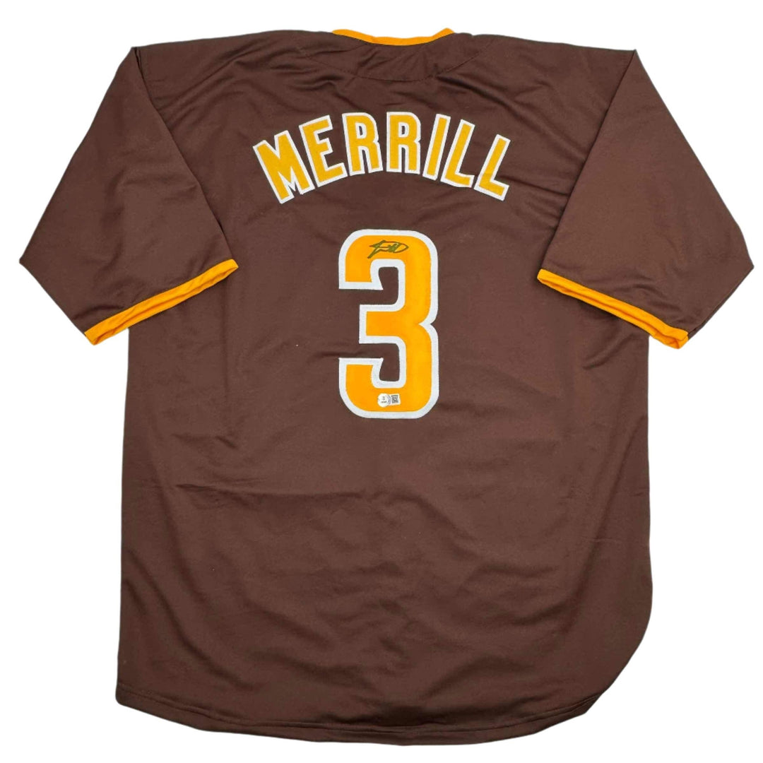 Autographed/Signed Jackson Merrill San Diego Brown Baseball Jersey Beckett COA