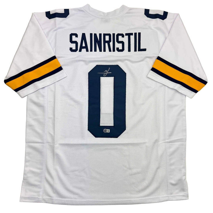 Autographed/Signed Mike Sainristil Michigan White College Jersey Beckett BAS COA