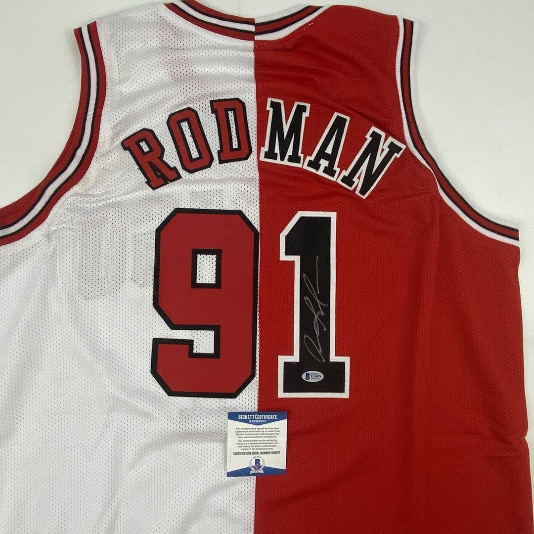 Autographed/Signed Dennis Rodman Chicago Split Jersey Beckett BAS COA