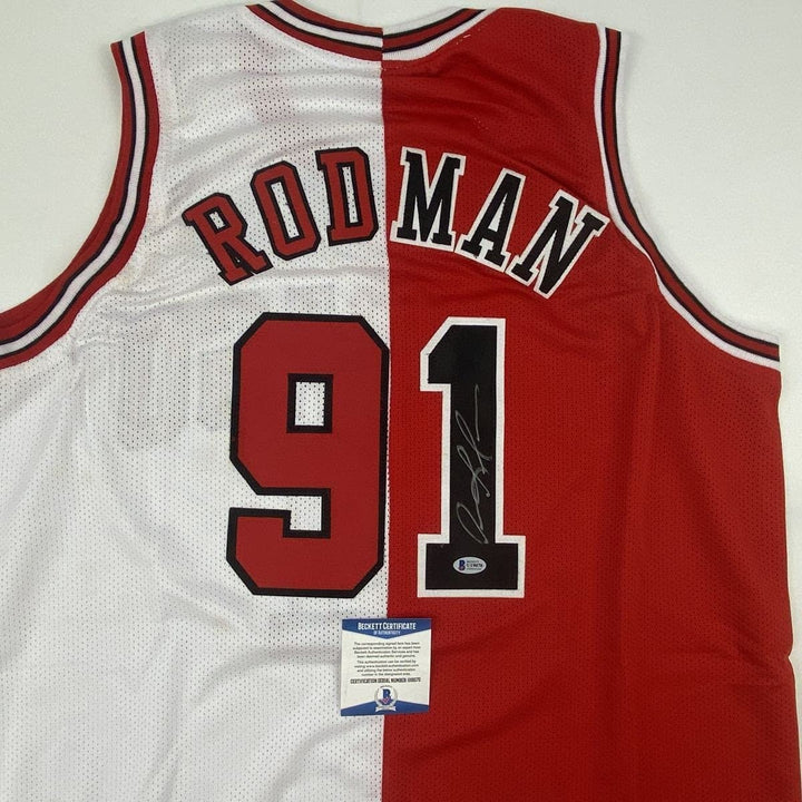 Autographed/Signed Dennis Rodman Chicago Split Jersey Beckett BAS COA
