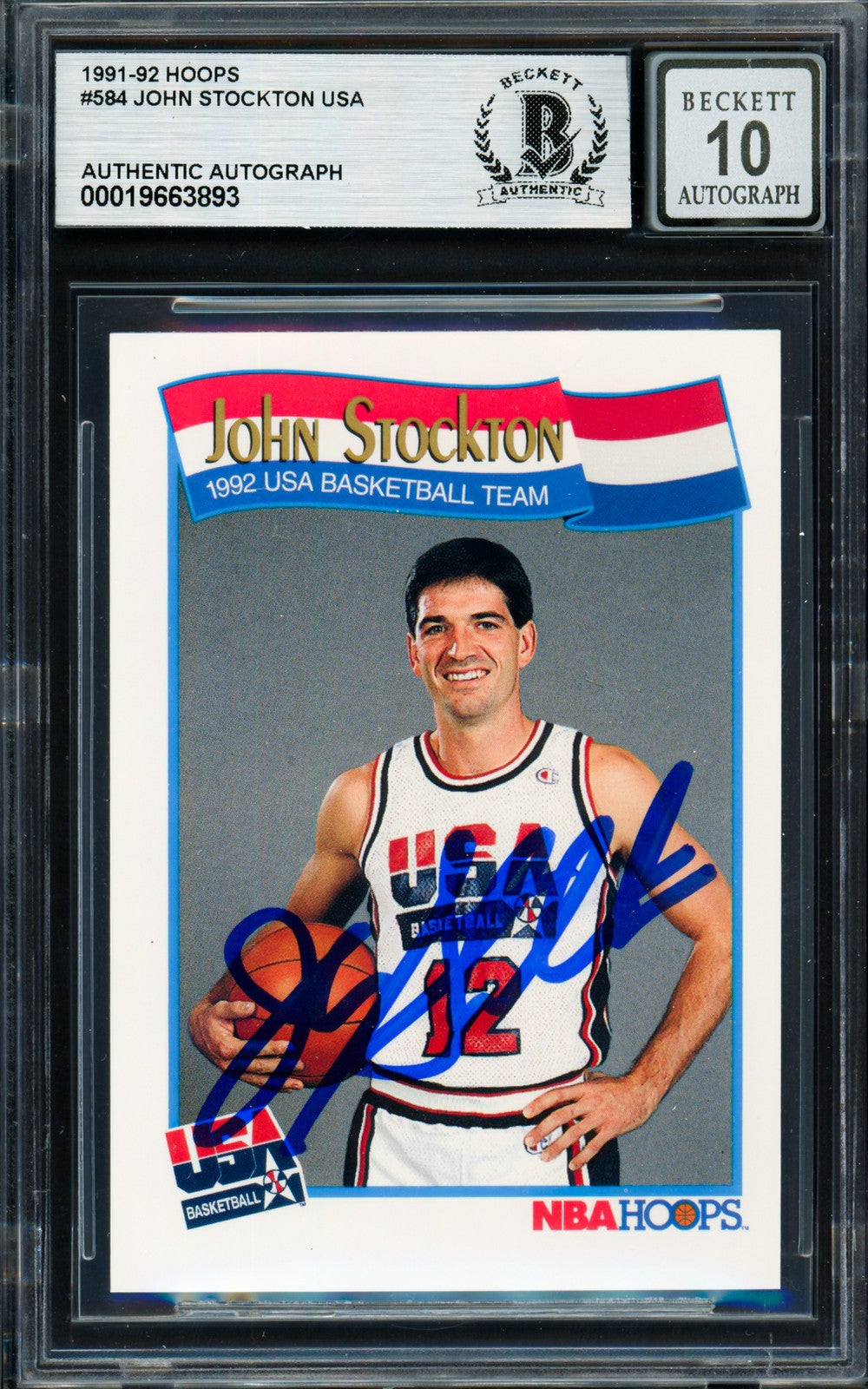 John Stockton Auto 1991-92 Hoops Card 584 1992 USA Dream Team Auto GM 10 Beckett