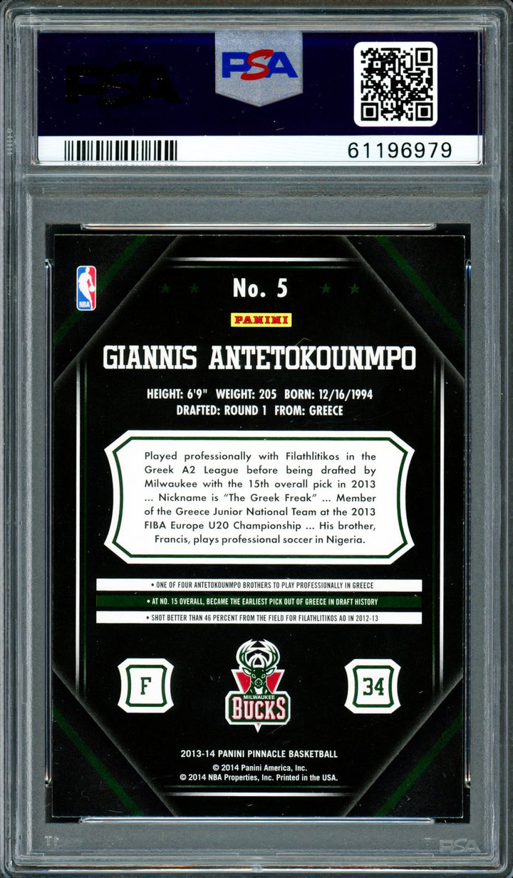 Giannis Antetokounmpo Signed 2013 Panini Pinnacle RC 5 Bucks Auto Mint 9 PSA/DNA