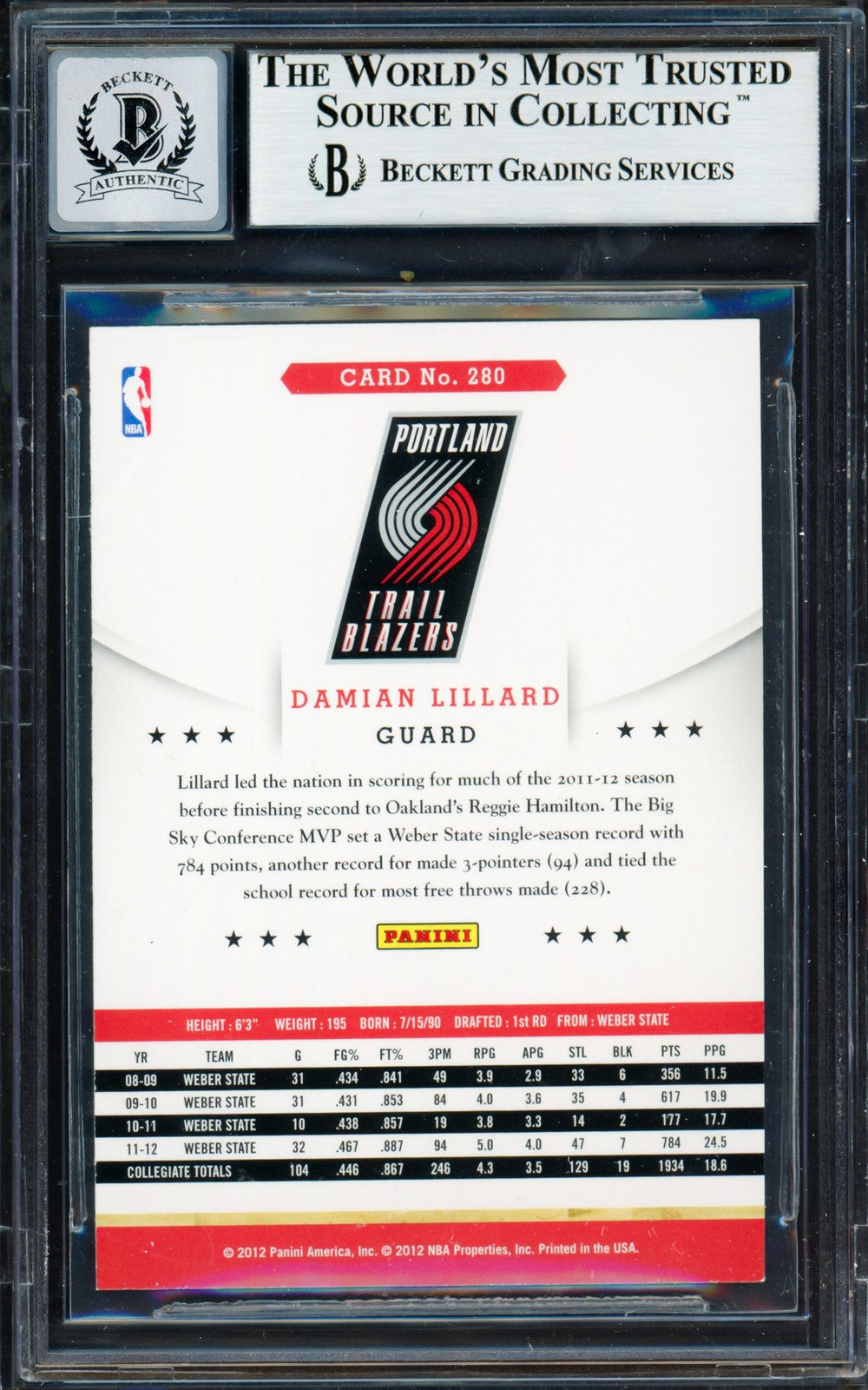 Damian Lillard Auto 2012-13 Panini Hoops RC 280 Trail Blazers Auto GM 10 Beckett